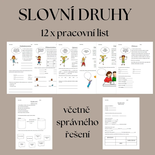 Slovní druhy - 12x pracovní list