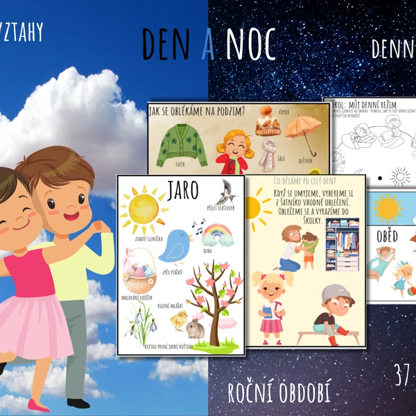 Denní režim, den a noc, časové vztahy, ráno, oběd, večer, pexeso, roční období, znaky ročních období