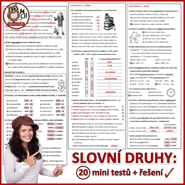 SLOVNÍ DRUHY: MINITESTY (20 testů, s řešením)