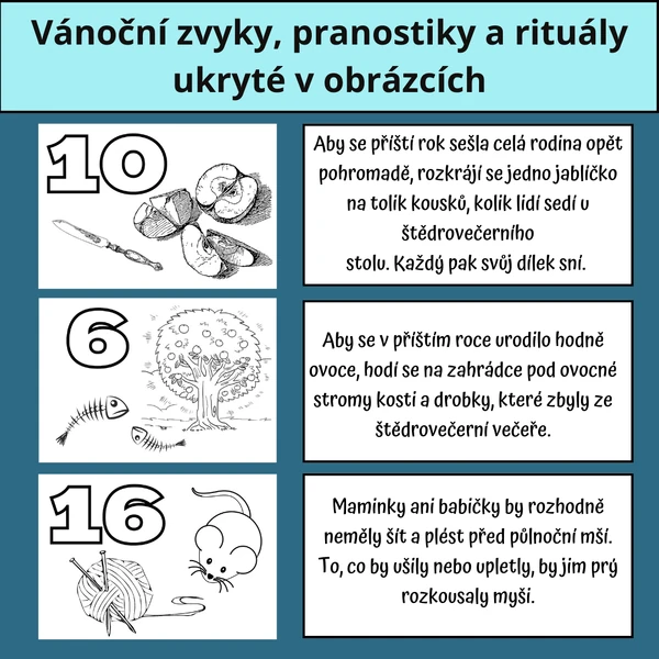 Vánoční zvyky, pranostiky a rituály ukryté v obrázcích​ - 24 obrázkových adventních karet s povídáním​