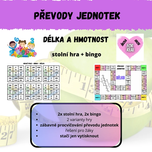 Převody jednotek - délka, hmotnost - stolní hra + bingo