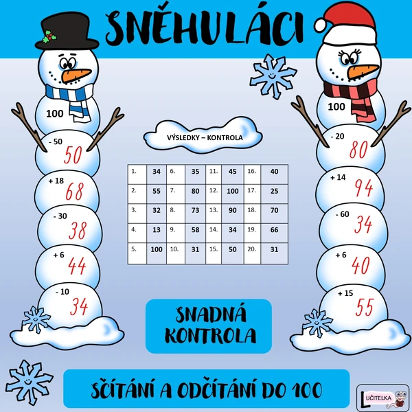Sněhuláci - sčítání a odčítání do 100