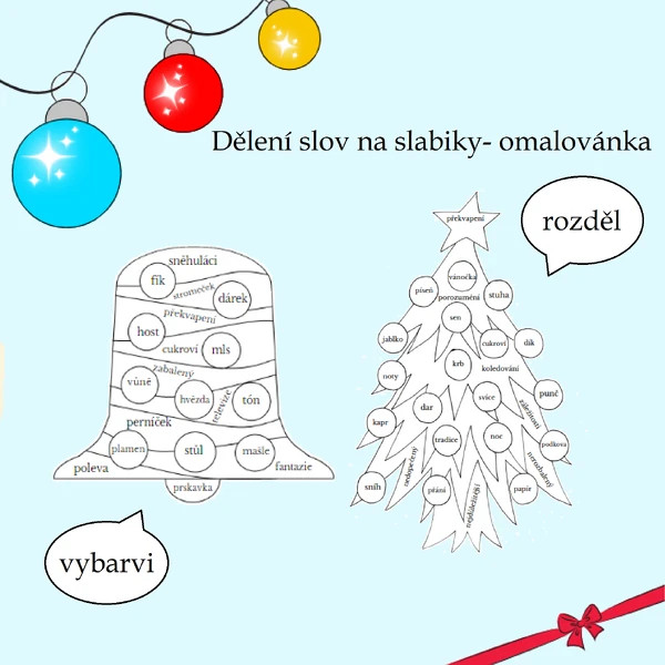 Dělení slov na slabiky- omalovánka s vánoční tematikou