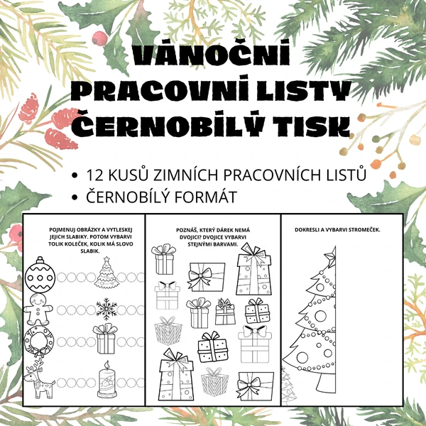 Vánoční pracovní listy - černobílý tisk