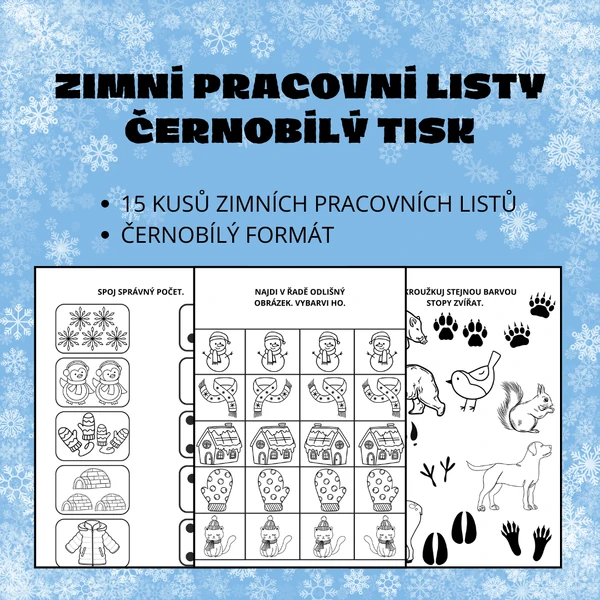 Zimní pracovní listy - černobílý tisk