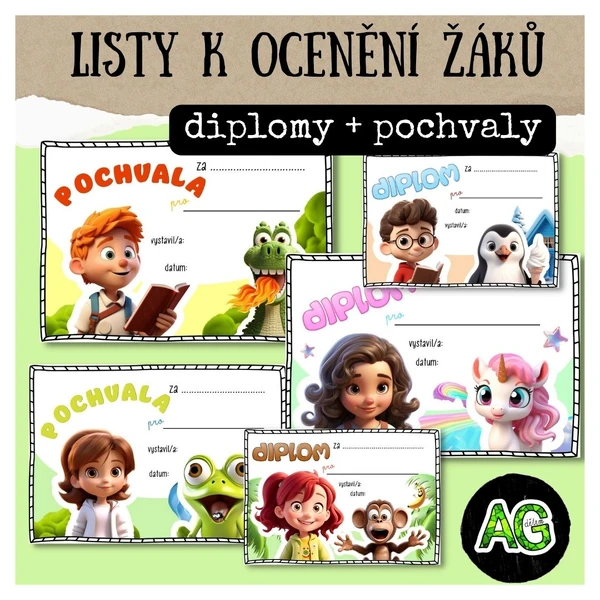 Ocenění- diplomy, pochvaly (děti se zvířátky)