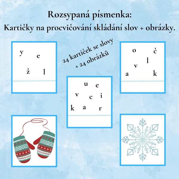 Rozsypaná písmenka: Kartičky na procvičování skládání zimních slov + obrázky