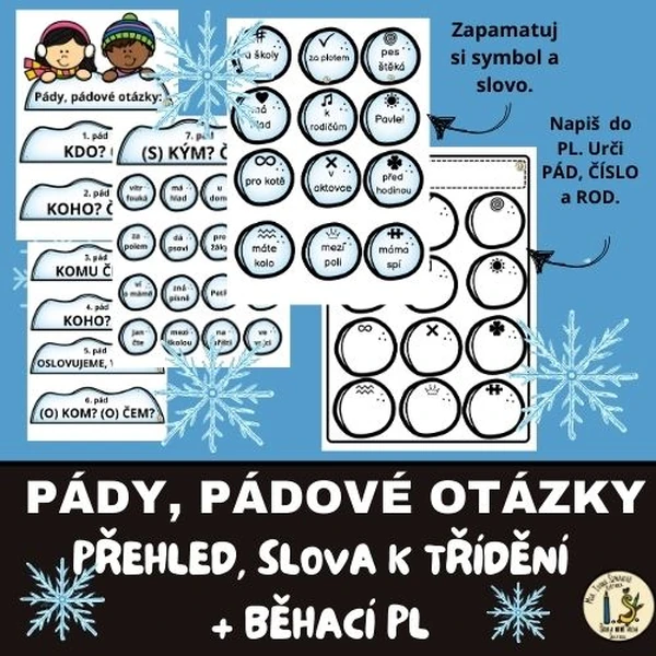 Pády se zimní tematikou - přehled, slova k třídění, běhací ,,hra"