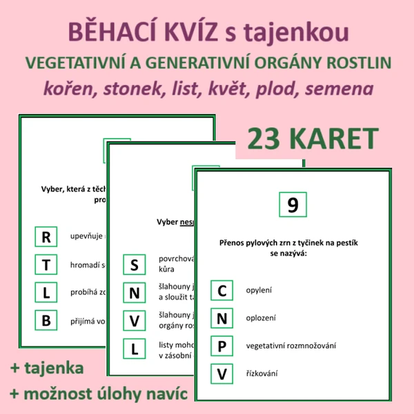BĚHACÍ KVÍZ s tajenkou – kořen, stonek, list, květ, plod, semena