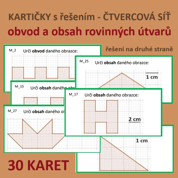 KARTIČKY s řešením – ČTVERCOVÁ SÍŤ – obvod a obsah rovinných útvarů