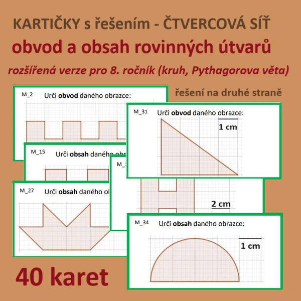 KARTIČKY s řešením – ČTVERCOVÁ SÍŤ – obvod a obsah rovinných útvarů (8. ročník)