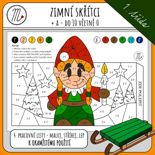Zimní skřítci sčítání a odčítání do 10 včetně 0 - maluj, lep, stříhej