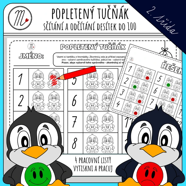 Popletený tučňák - sčítání a odčítání desítek v oboru do 100