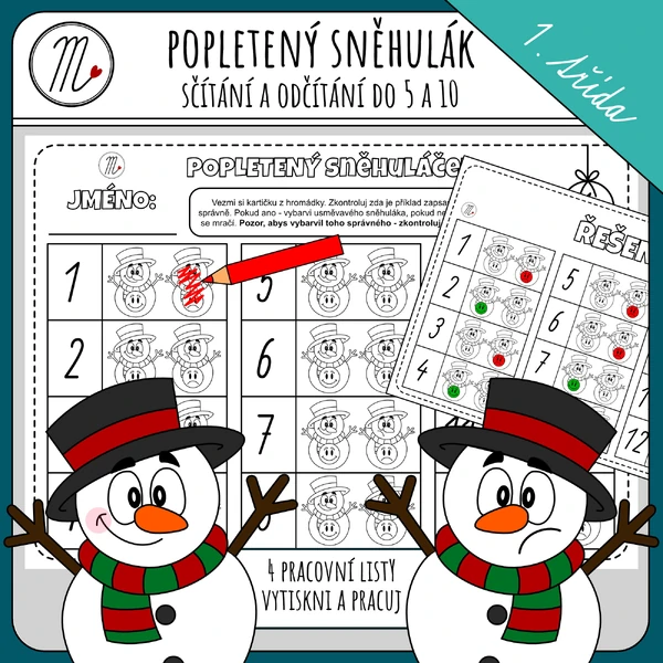 Popletený sněhulák - sčítání, odčítání do 5 a 10