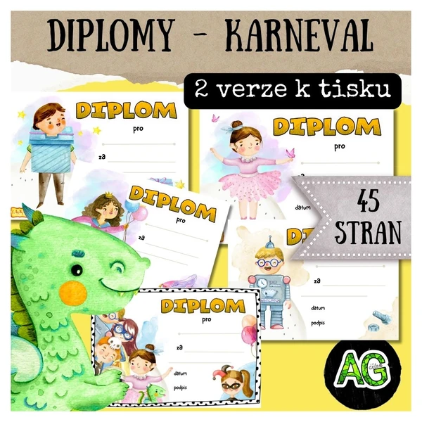 karnevalové diplomy - 45 milých diplomů na akce pro děti