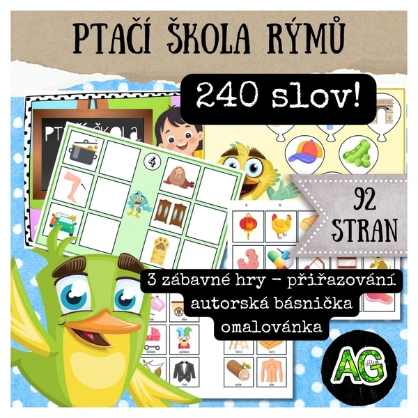 RÝMY - PTAČÍ ŠKOLA RÝMŮ - výukové kartičky, 240 slov!