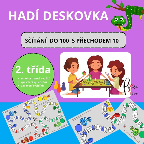 SČÍTÁNÍ DO 100 S PŘECHODEM 10 - hadí deskovka pro zpestření hodin matematiky