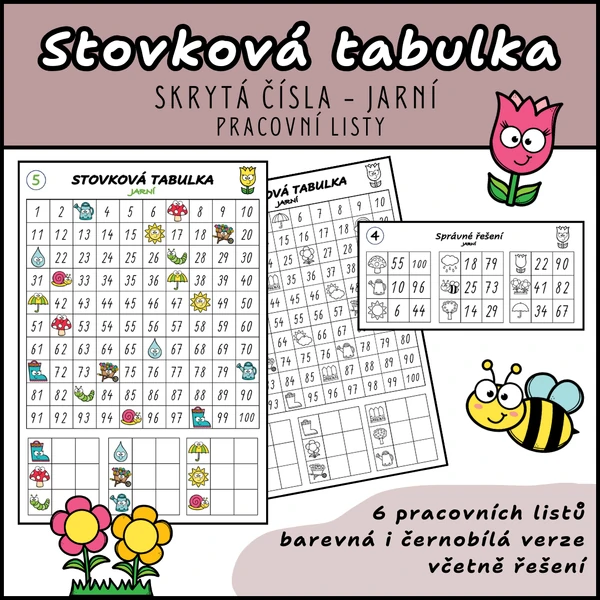 JARNÍ stovková tabulka - skrytá čísla (pracovní listy)
