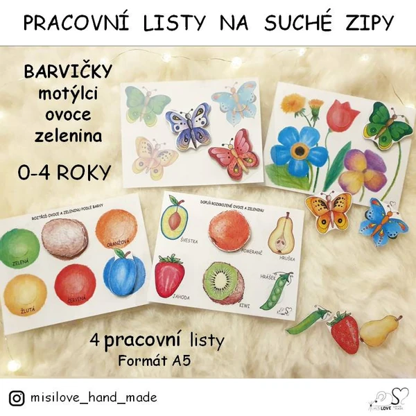 Pracovní listy se suchými zipy - BARVIČKY (motýlci, květiny, ovoce a zelenina)