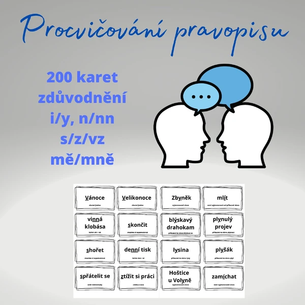 Procvičování pravopisu (i/y, n/nn, s/z/vz, mě/mně) - 200 karet