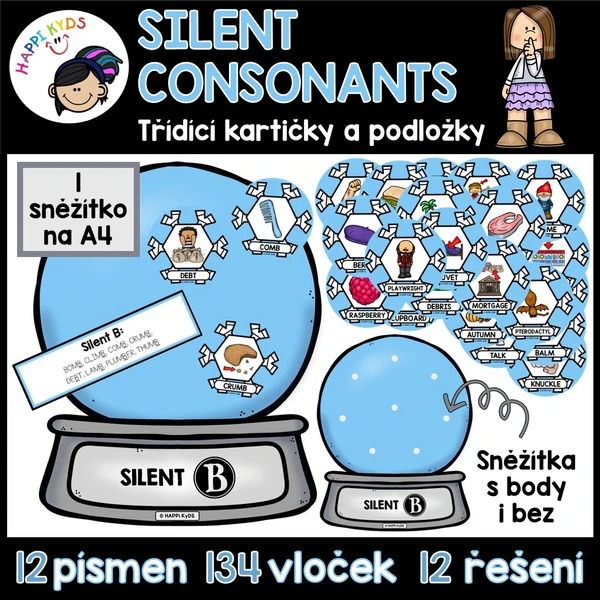 SILENT CONSONANTS - třídící kartičky a podložky (sněžítka a vločky)