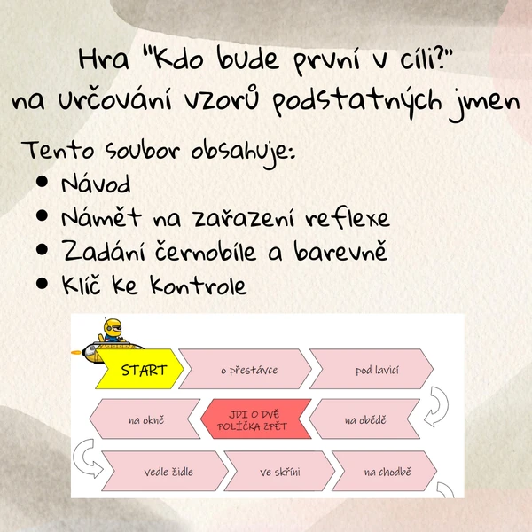 Didaktická hra "Kdo bude první v cíli?" na určování vzorů podst. jmen všech rodů