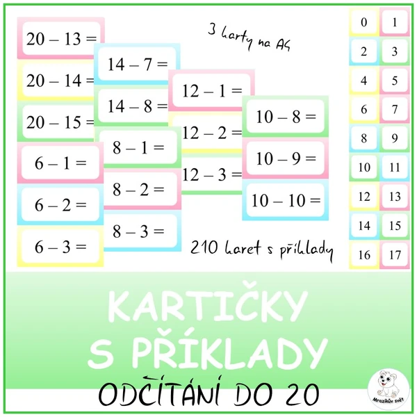 Kartičky s příklady - odčítání do 20