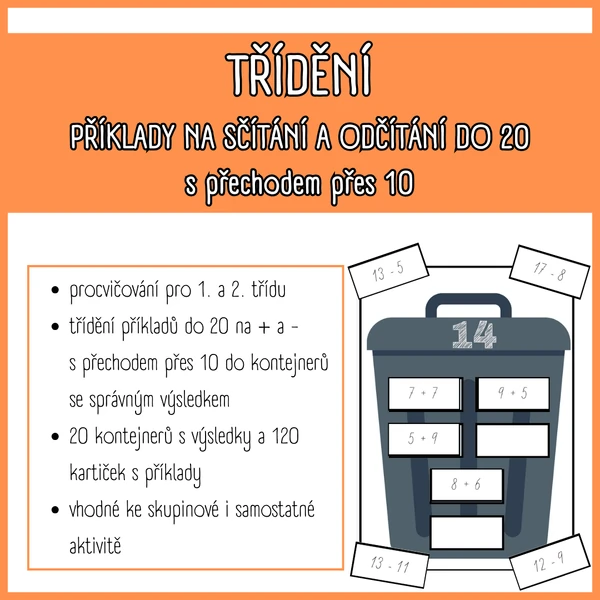 Třídění - příklady na sčítání a odčítání do 20 s přechodem přes 10