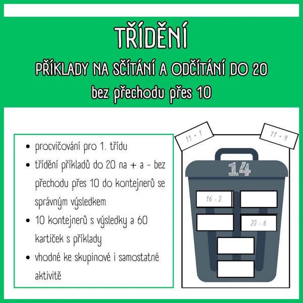 Třídění - příklady na sčítání a odčítání do 20 bez přechodu přes 10
