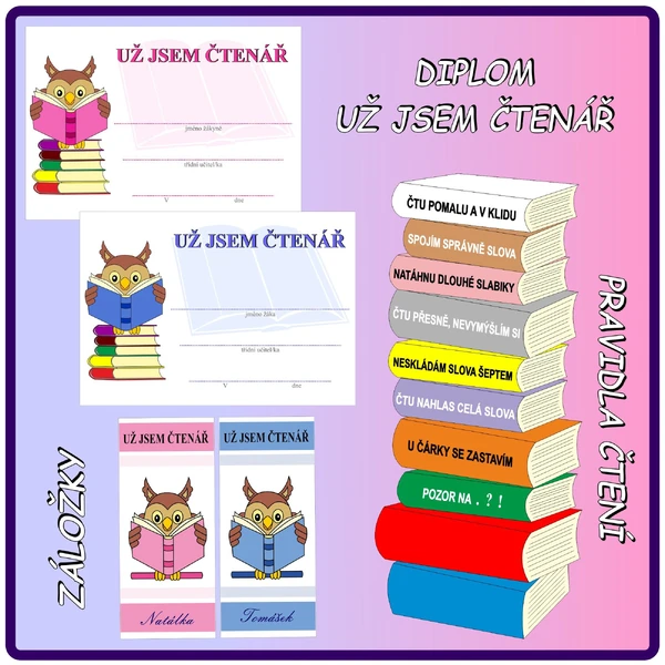 Diplom, záložky "Už jsem čtenář" a pravidla čtení