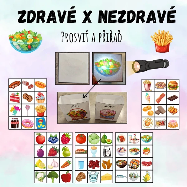 Prosvětlovací obrázky, třízení - Prosviť a přiřaď - Zdravé x nezdravé jídlo, potraviny