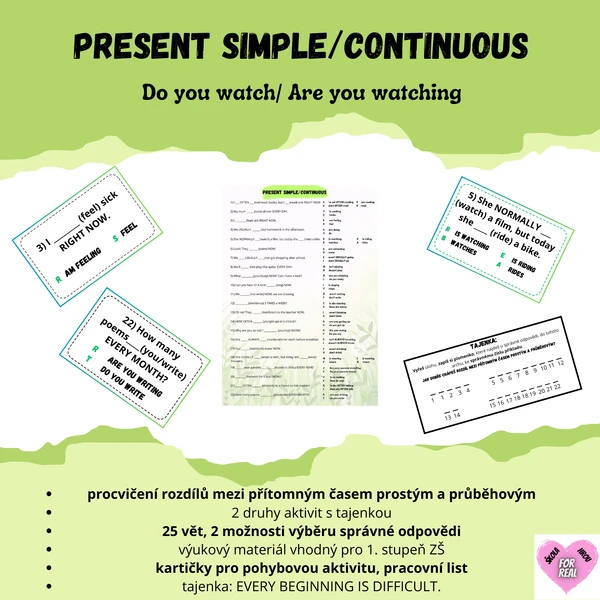 Present simple/continuous pracovní list s tajenkou