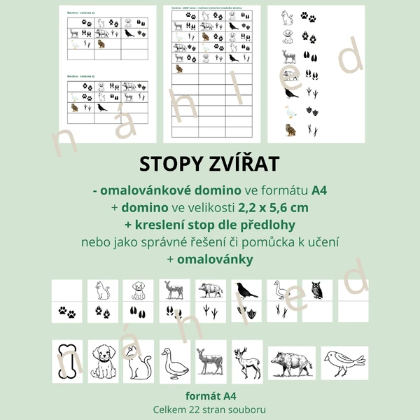 Stopy zvířat - omalovánkové domino (A4 + 2,2 x 5,6 cm), kreslení dle předlohy, omalovánky zvířat