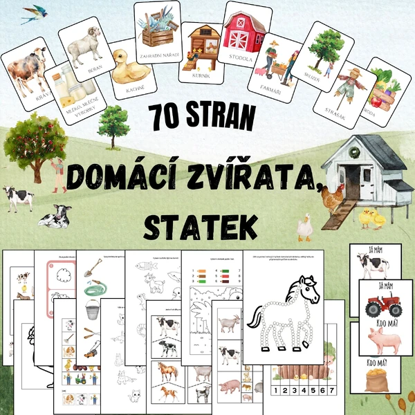 FARMA, Domácí zvířata, statek - demonstrační obrázky, Já mám, kdo má, tečkování, kolíčkování, pracovní listy a další. 