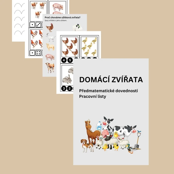 Domácí zvířata - předmatematické dovednosti, kolíčkování, pracovní listy