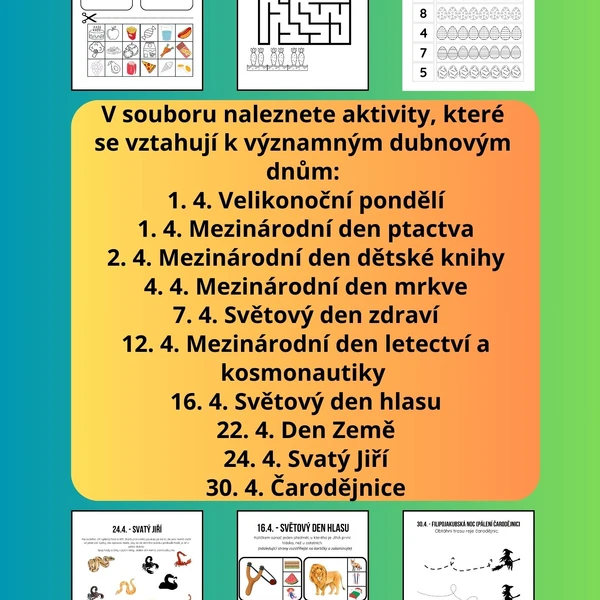 Duben v MŠ - významné dny (Den ptactva, Den Země, Den letectví a kosmonautiky, Čarodějnice, aj.)
