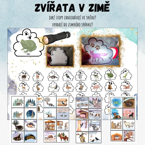 Prosvětlovací obrázky - Prosviť a přiřaď - ZVÍŘATA V ZIMĚ, stopy, zimní spánek