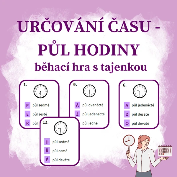 Určování času - půl hodiny - běhací hra s tajenkou