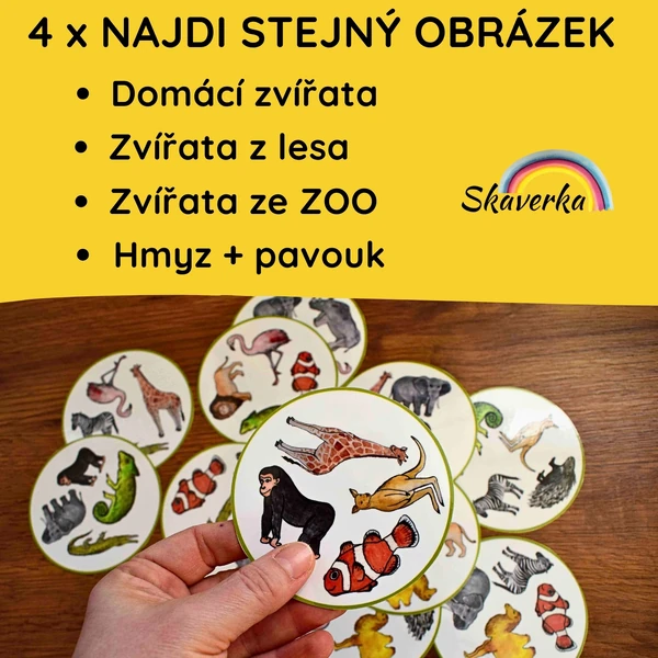 4 x Najdi stejný obrázek - ZVÍŘATA DOMÁCÍ, ZVÍŘATA Z LESA, ZVÍŘATA ZE ZOO, HMYZ + pavouk