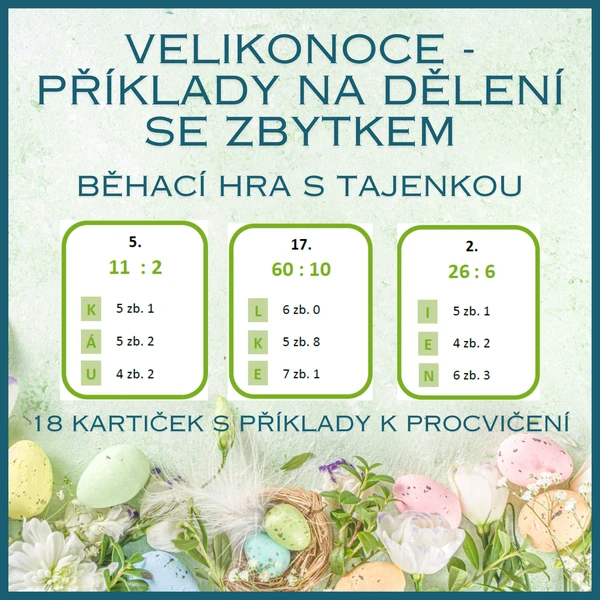 Velikonoce - příklady na dělení se zbytkem - běhací hra s tajenkou