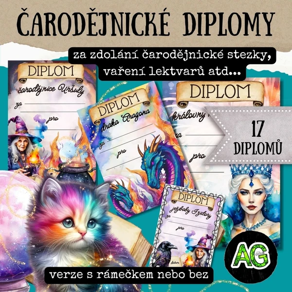 ČARODĚJNICKÉ DIPLOMY PRO ČARODĚJKY A KOUZELNÍKY - 17 DIPLOMŮ, 2 VERZE