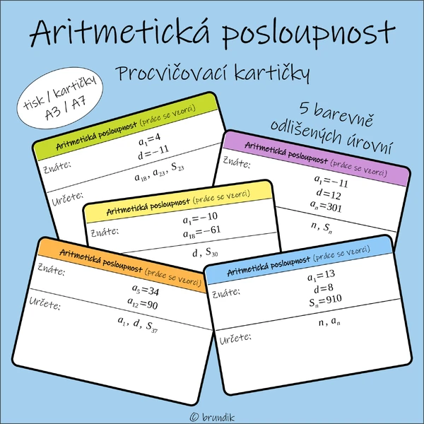 Aritmetická posloupnost - práce se vzorci (5 úrovní, procvičovací kartičky)