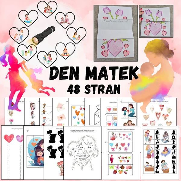 Den matek, maminka - lektvary lásky, přáníčka pro maminku, tečkování vatovými tyčinkami, prosvětlovací obrázky, pracovní listy, skládačky, grafomotorika, dokreslování, kolíčkování