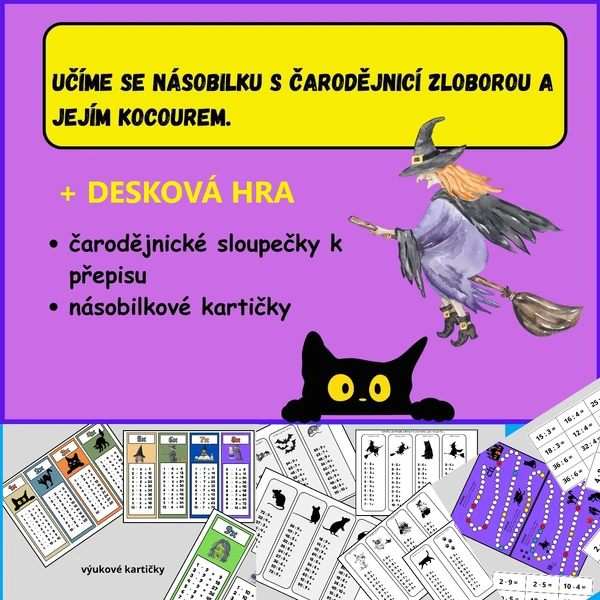 Učíme se násobilku s čarodějnicí Zloborou a jejím kocourem.