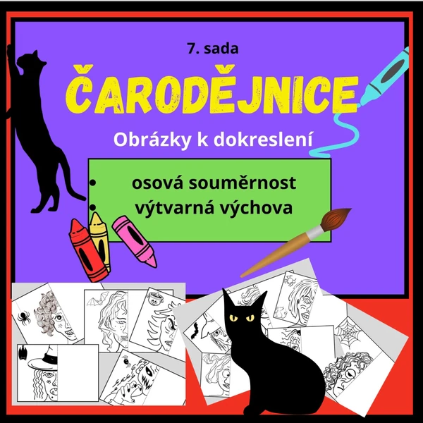 OSOVÁ SOUMĚRNOST - ČARODĚJNICE - obrázky k dokreslení - 7. sada
