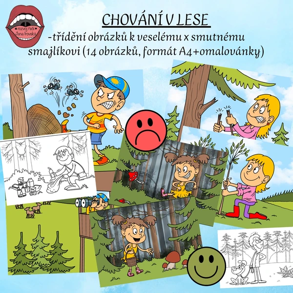 CHOVÁNÍ V LESE (třídění obrázků+omalovánky) 