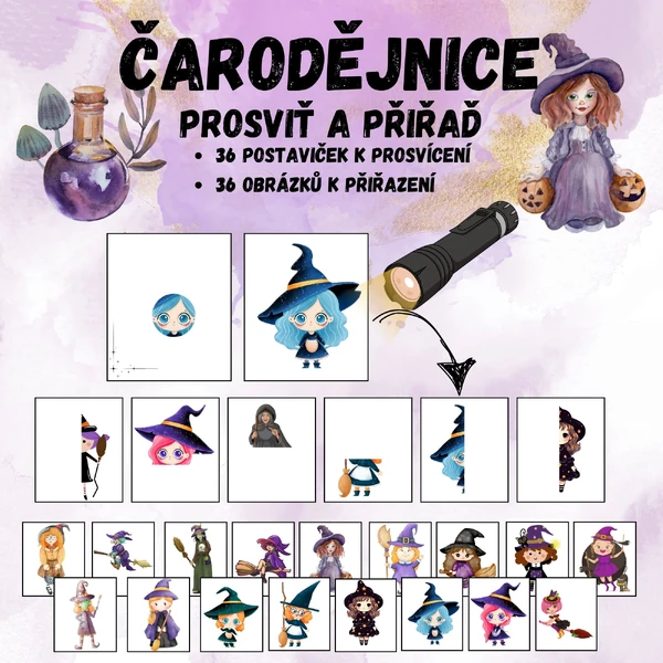 Čarodějnice, prosvětlovací obrázky - prosviť a najdi správnou dvojici