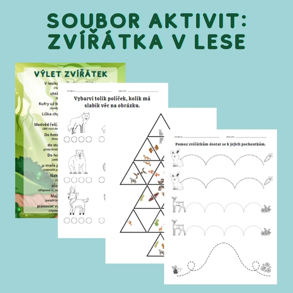 Soubor aktivit - Zvířátka v lese (básnička s pohybem, pracovní listy, trimino)