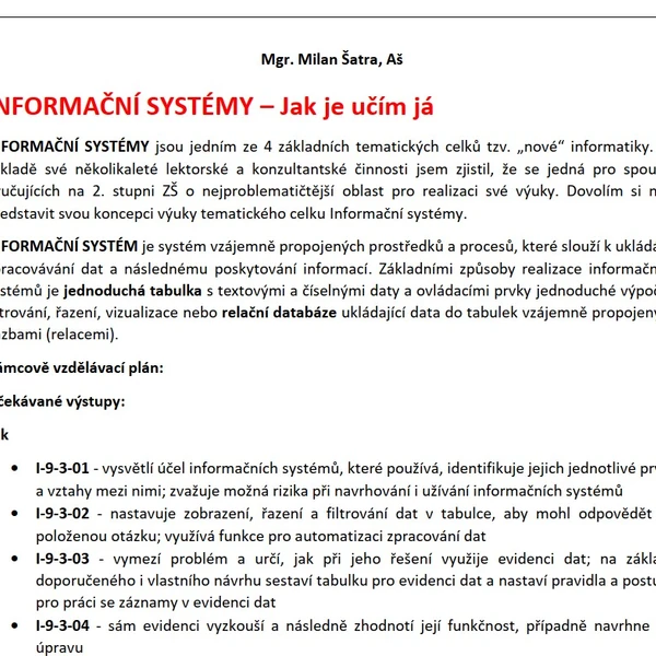 INFORMAČNÍ SYSTÉMY - jak je učím já