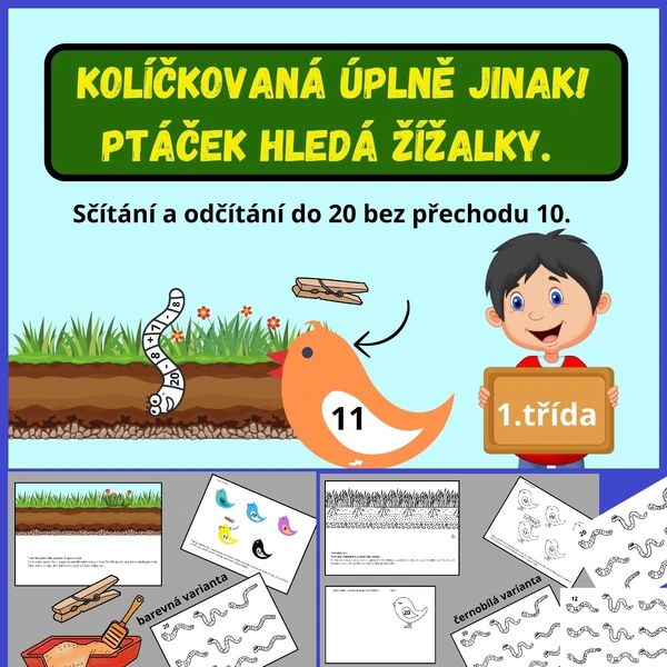 Kolíčkovaná úplně jinak! Ptáček hledá žížalky. Numerace do 20.